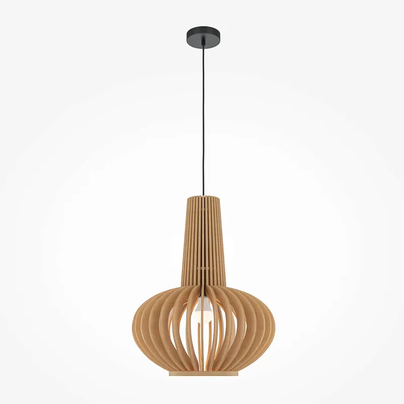 Sonderangebot Pendelleuchte – Holzlamellen Schirm, Schwarzes Metall, Organische Form - Roots | Maytoni