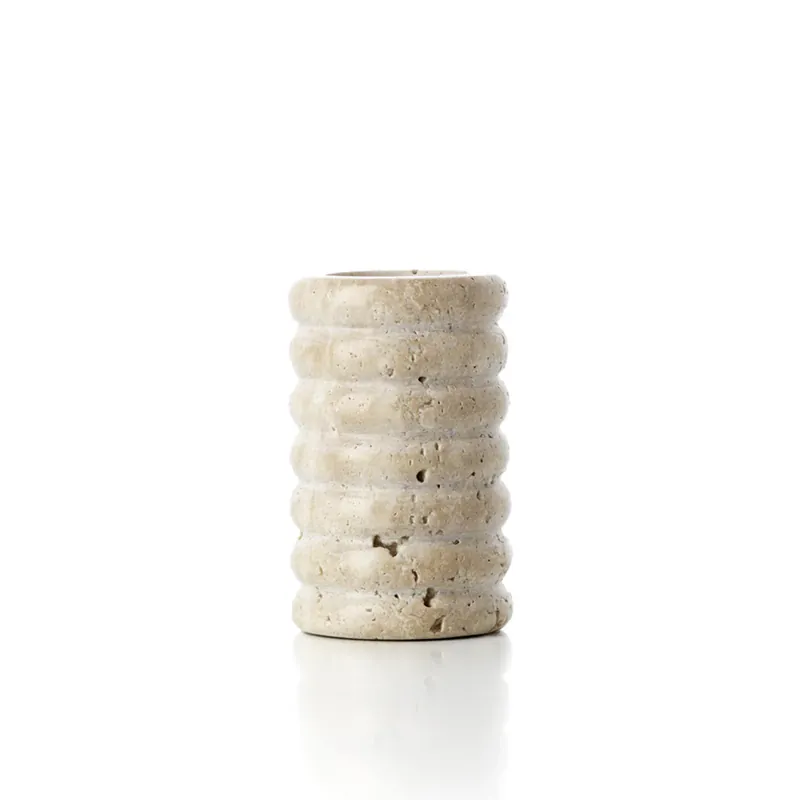 Preis Gesenkt Teelichthalter – Travertin Stein, Geriffelte Oberfläche, Skulpturales Design, M – Travertine Ripple | Bazar Bizar Antwerp