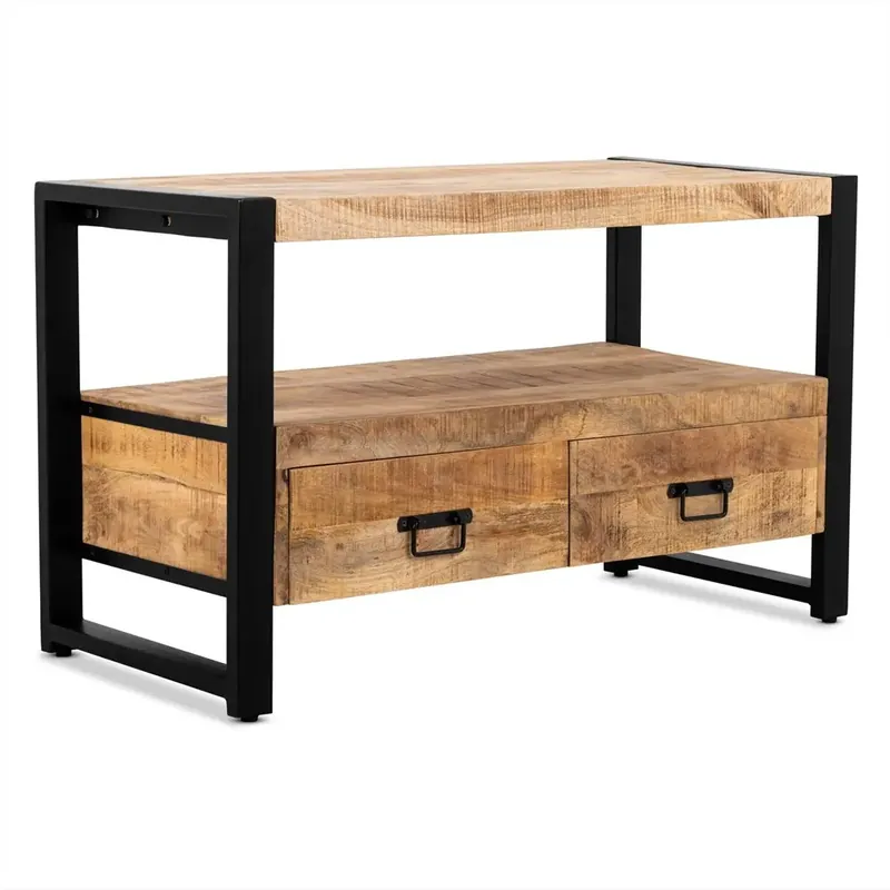 TV-Möbel – Mangoholz Oberfläche, Schwarzes Stahlgestell, Schubladen, 120 cm - Britt | Benoa Jetzt Kaufen