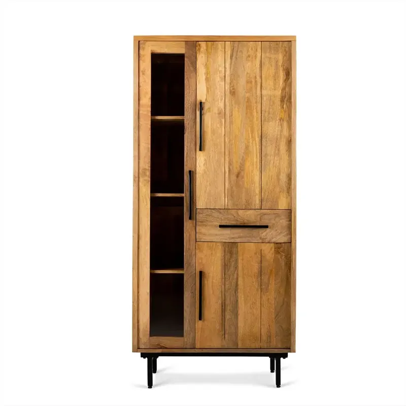 Billig Vitrinenschrank – Glattes Mangoholz, Glaselement, Schwarze Stahlfüße, 85 cm - Jayden | Benoa