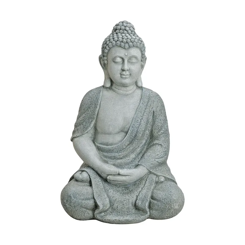 Markenware Dekofigur aus Polyresin mit ruhiger sitzender Buddha-Darstellung, dezenter grauer Farbgebung und ausdrucksstarker skulpturaler Präsenz | Wurm