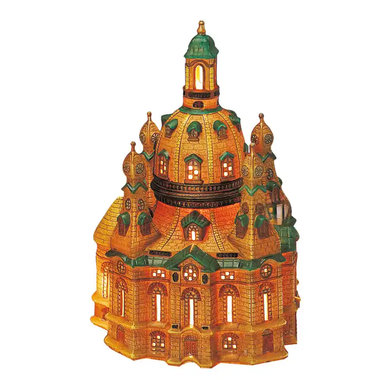 Dekoobjekt Porzellan-Lichthaus Frauenkirche Dresden mit farbigen Details & beleuchtetem Akzent | Wurm Zertifiziert