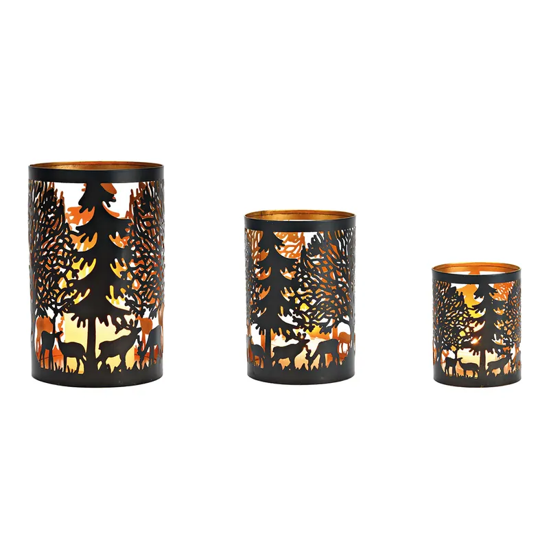 Saisonangebot Windlicht-Set mit schwarzem & goldfarbenem Metall Winterszenen-Motiven & 3 Größen | Wurm