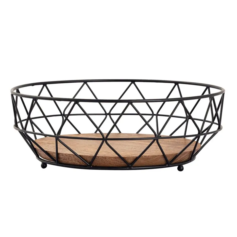 Geprüft Obstschale aus filigranem Metalldraht mit Mangoholz-Boden, offene Drahtstruktur, luftiges Design – Neo | MVG Voglrieder
