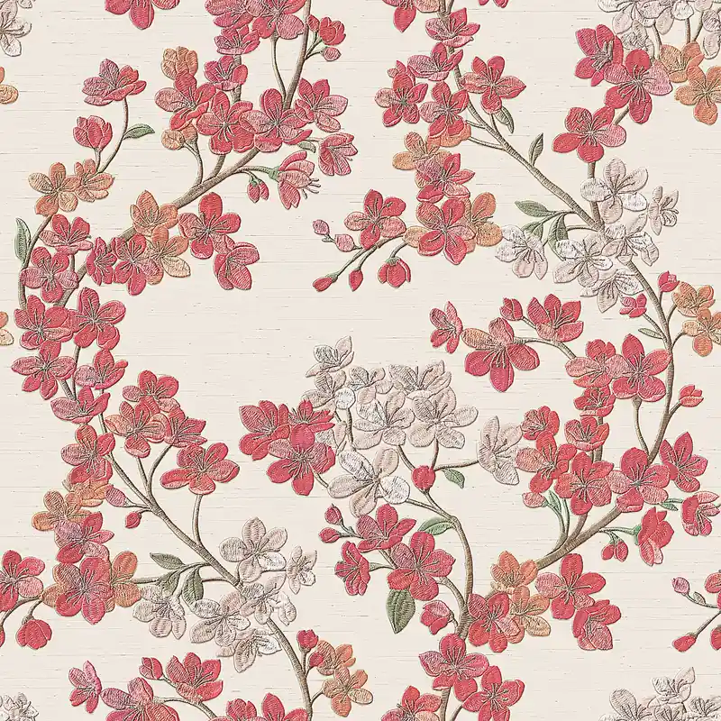 Saisonangebot Vliestapete mit Kirschblüten-Design, harmonischer Creme-Rot-Farbkombination und präzisem, anschließendem Rapport – Grace | Dutch Wallcoverings