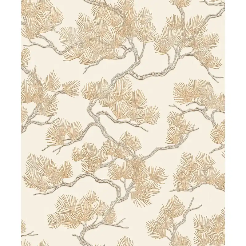 Vliestapete mit textiler Stoffoptik, stilisiertem Kiefernmotiv und edler Creme-Farbgebung - Wall Fabric | Dutch Wallcoverings Neuheit