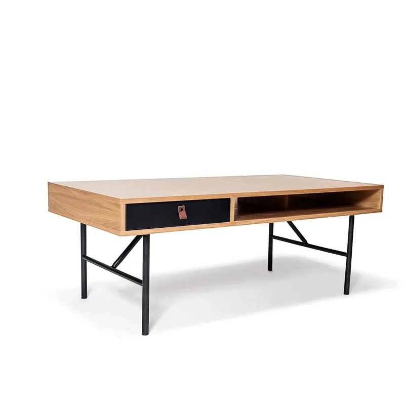 Couchtisch – Natürliches Eschenfurnier, Matt Schwarz Lackierte Front, Pulverbeschichtete Metallbeine mit Ledergriff – Kodiak | Njordec Saisonangebot
