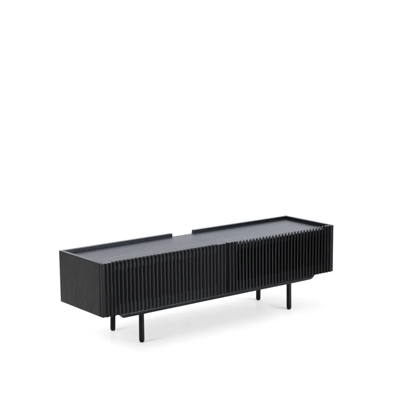 TV-Lowboard – Schräges Eichenlamellen-Design, Soft-Close-Scharniere, Kabelmanagement-Öffnungen – Louvre | Njordec Neu