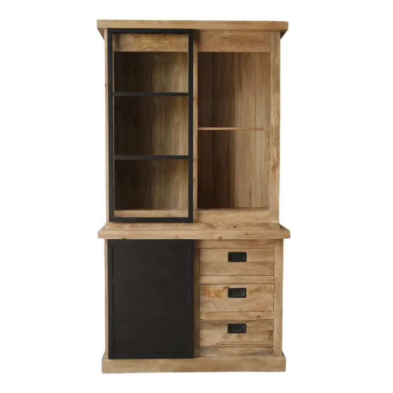 Vitrinenschrank - Mangoholz, Natur-Finish, Schwarz Lackierte Metalltüren, 2 Türen, 6 Schubladen – Nashville | Starfurn Schnäppchen