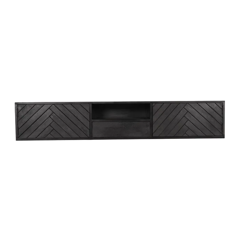 Zertifiziert TV-Möbel - Mangoholz Schwarz, Fischgrätmuster, Offenes Fach, 180 cm – New York | Starfurn
