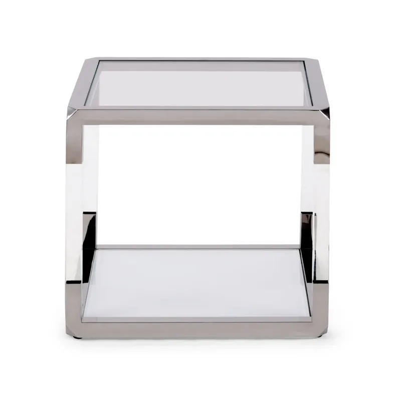 Beistelltisch - Ultra-Klares Glasoberteil, Weißglasregal, Polierte Edelstahl- und Acrylakzente – Jasper | Modus Furniture International Versand Am Gleichen Tag