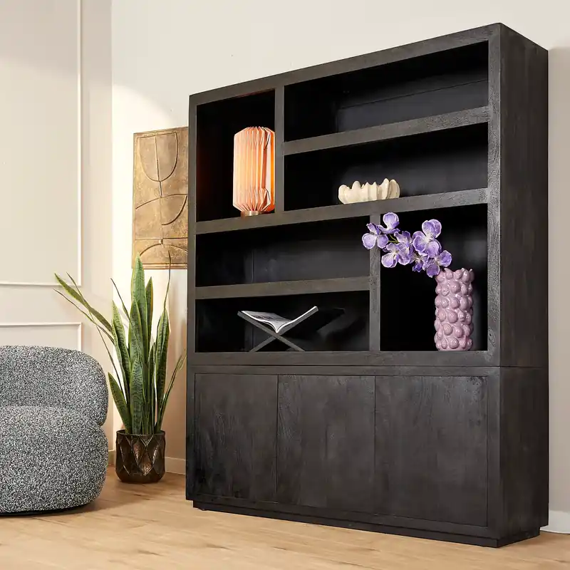 Versand Am Gleichen Tag Bücherregal - Schwarzes Mangoholz, Offene Fächer, Grifflose Türen, XL 160 cm – Brussel | Starfurn