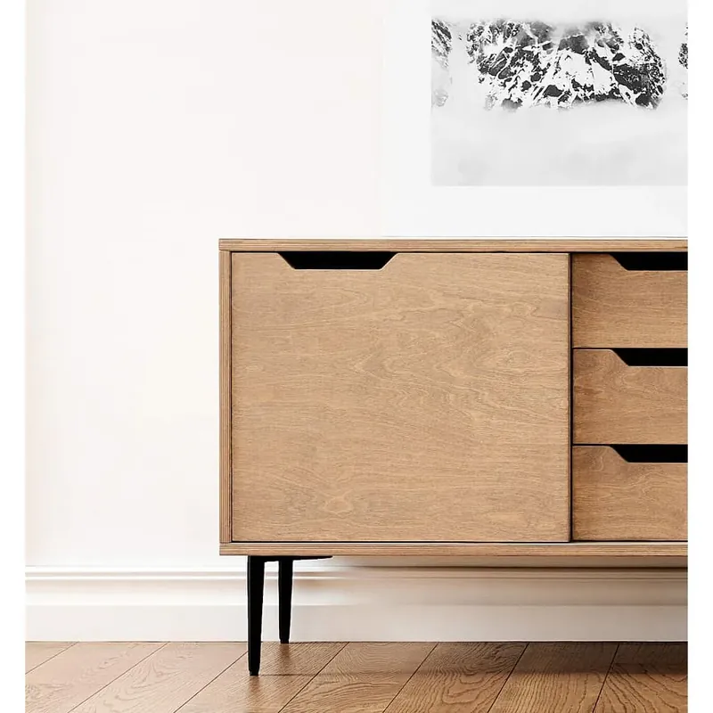 Sideboard – Eichenfurnier, Kieselgraues Finish, Soft-Close-Schubladen, verstellbare Metallbeine – Noble | Radis Kracherpreis