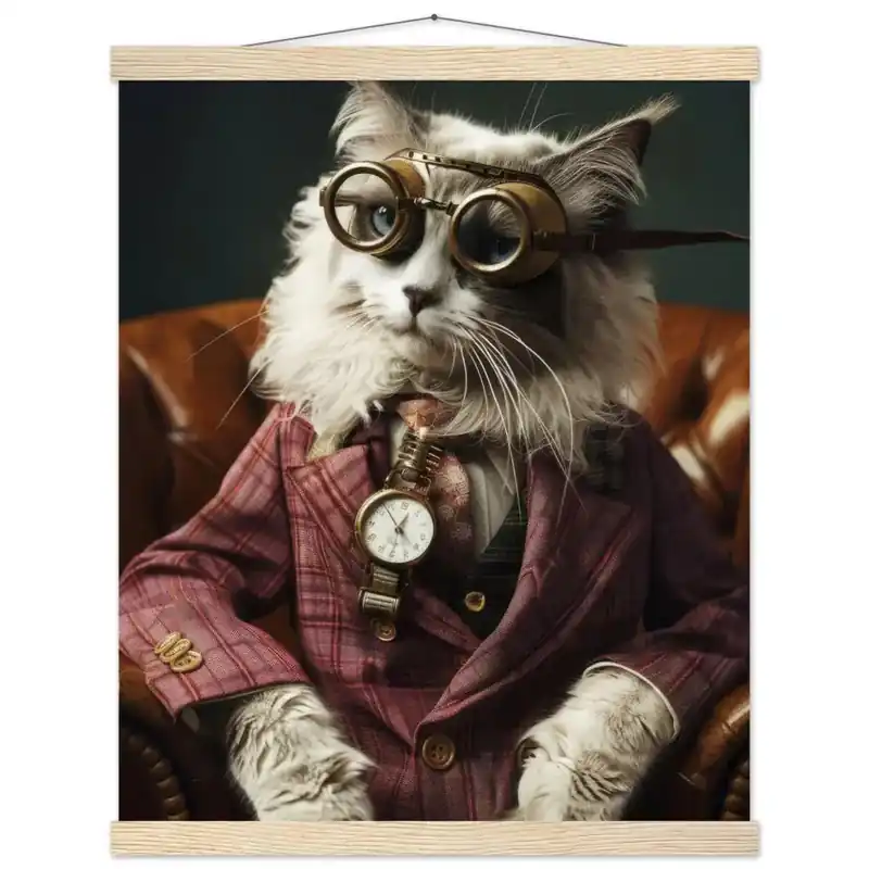 Letzte Chance Schulposter - LaPerm-Katze-Motiv, mattes FSC-zertifiziertes Papier, Magnet-Holzleisten aus Kiefernholz, magnetische Holzdübel oben & unten | St Tropez Art