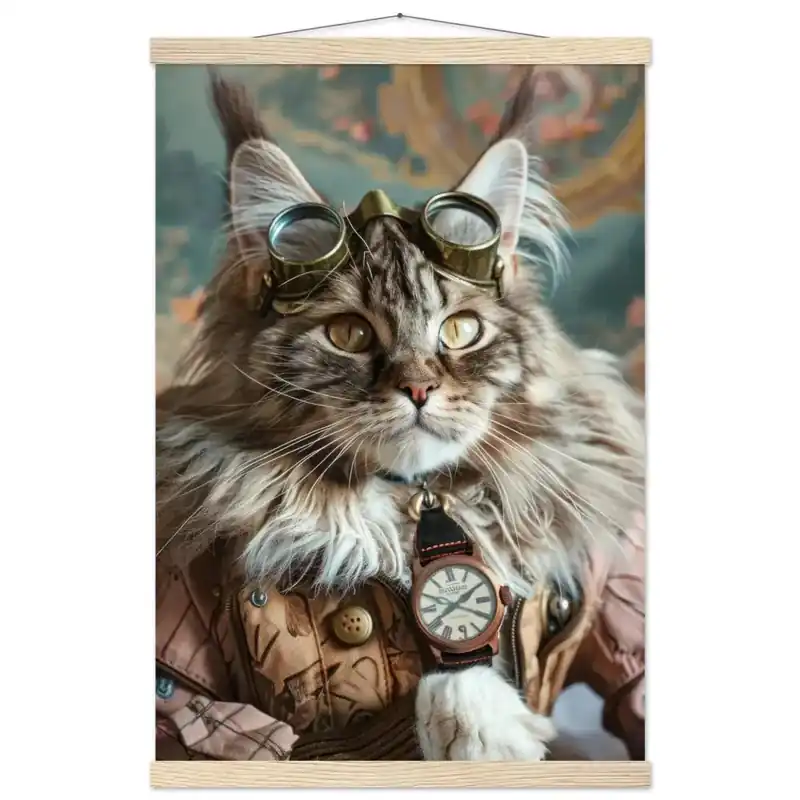Schulposter - Maine-Coon-Katze-Motiv, mattes FSC-zertifiziertes Papier, Magnet-Holzleisten aus Kiefernholz, magnetische Holzdübel oben & unten | St Tropez Art Preiswert