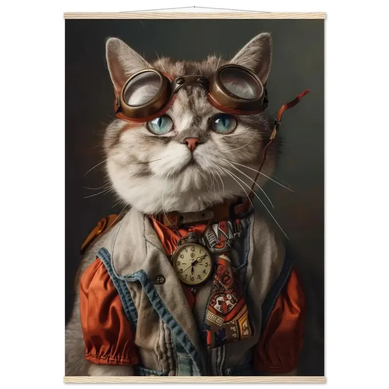 Markenware Schulposter - Scottish-Fold-Katze-Motiv, mattes FSC-zertifiziertes Papier, Magnet-Holzleisten aus Kiefernholz, magnetische Holzdübel oben & unten | St Tropez Art