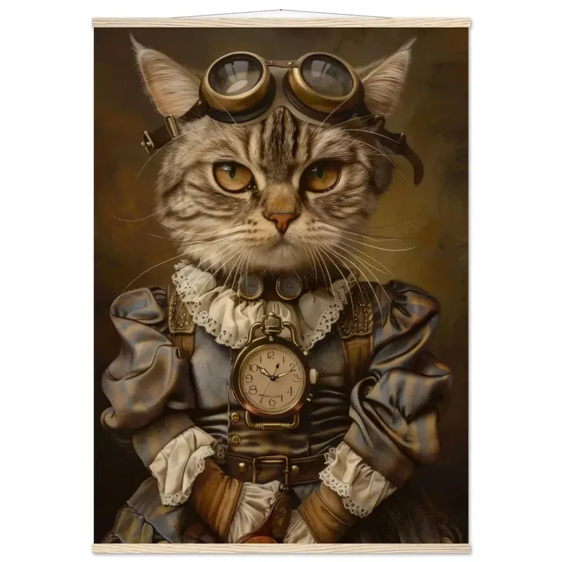 Schoolposter - weibliche Aphrodite Riesenkatze, Steampunk-Outfit, mattes Papier, Magnet-Holzleisten | St Tropez Art Neuheit