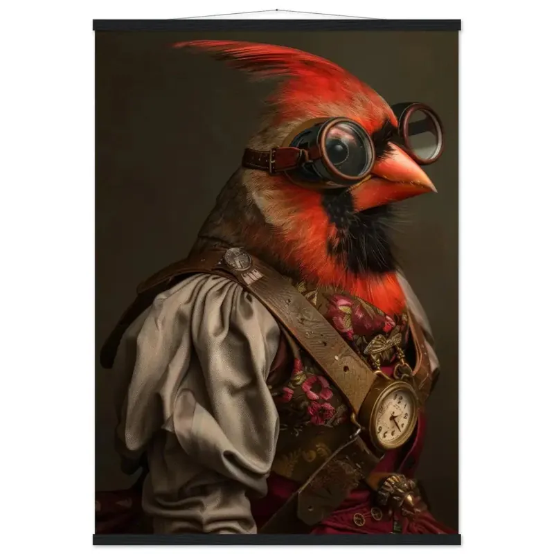 Expressversand Schulposter Kardinalvogel, Steampunk-Stil, antike goldfarbene Uhr, bronzefarbene Brille | St Tropez Art