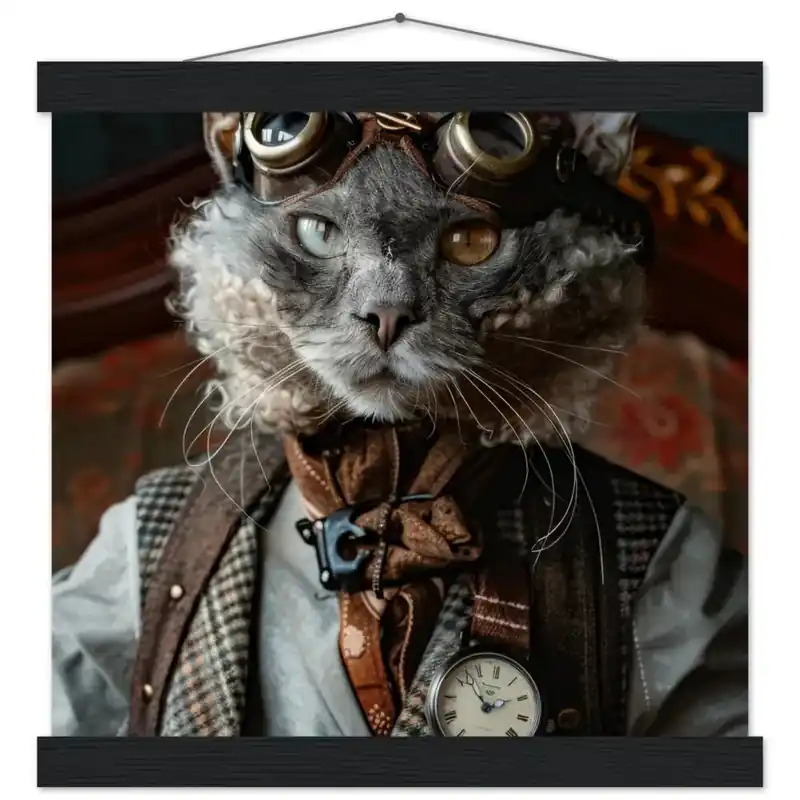 Schulposter Männlicher Lykoi-Kater, Steampunk-Stil, antike silberfarbene Uhr, bronzefarbene Brille | St Tropez Art Nur Heute