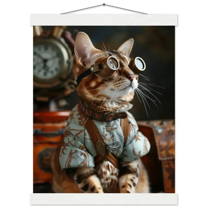 Schulposter - Steampunk-Vintage Bengal Katzenmotiv, mattes FSC-Papier, magnetische Holzleisten | St Tropez Art Beliebt