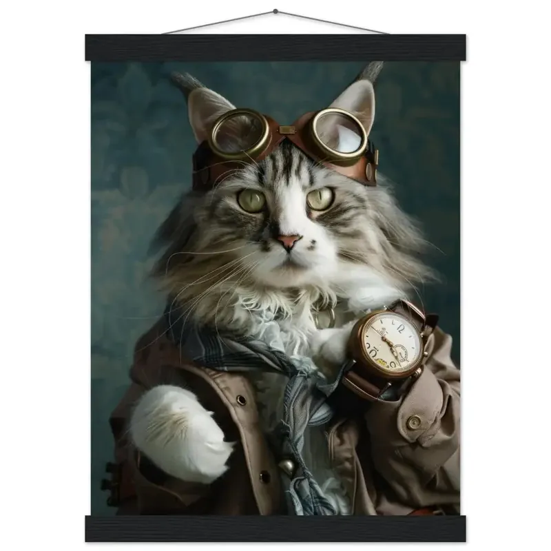 Schulposter - Steampunk-Vintage Maine-Coon Katzenmotiv, mattes FSC-Papier, magnetische Holzleisten | St Tropez Art Ausverkauf