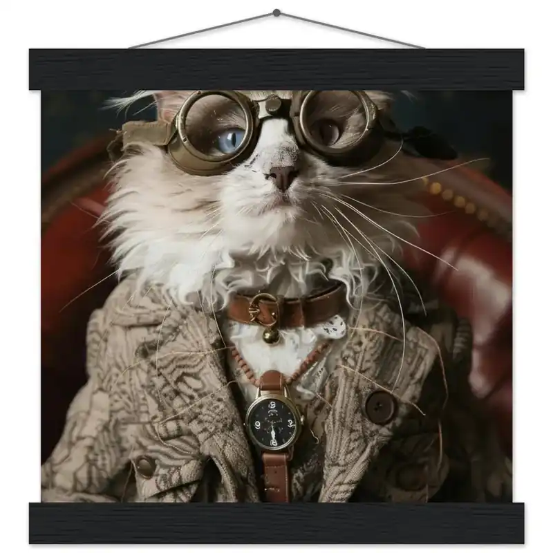 Heißes Angebot Schulposter - Steampunk-Vintage LaPerm Katzenmotiv, mattes FSC-Papier, magnetische Holzleisten | St Tropez Art
