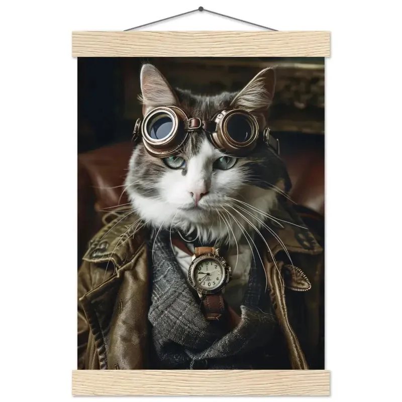 Saisonangebot Schulposter - Steampunk-Vintage Manx Katzenmotiv, mattes FSC-Papier, magnetische Holzleisten | St Tropez Art