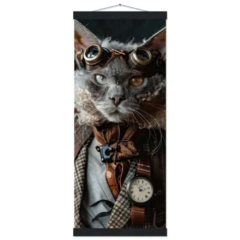 Schoolposter - Lykoi-Katze, karierter Mantel, Lederakzente, silberne Taschenuhr | St Tropez Art Meistverkauft