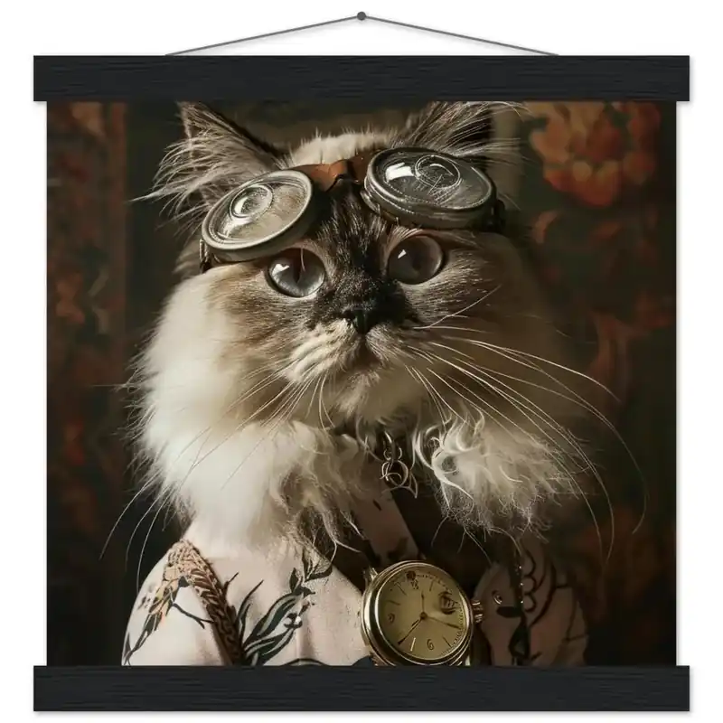 Rabatt Schoolposter - Himalaya-Katze, hellrosa Mantel, Blumenmuster, goldene Taschenuhr, Silber-Brille | St Tropez Art