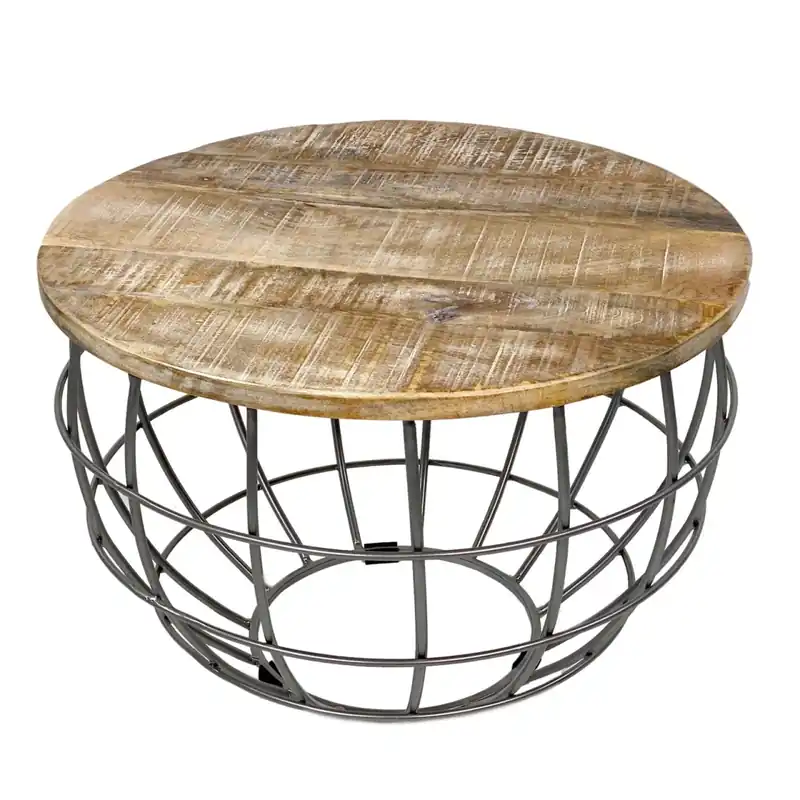 Highlight Couchtisch aus recyceltem Mangoholz, runde Tischplatte, Metall-Drahtgestell – Lexington | MVG Voglrieder