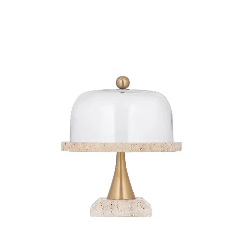 Glasglocke - Glas, Travertin-Marmor-Sockel, Metallgriff, runde Form, Gold, S – Lyron | PTMD Saisonangebot