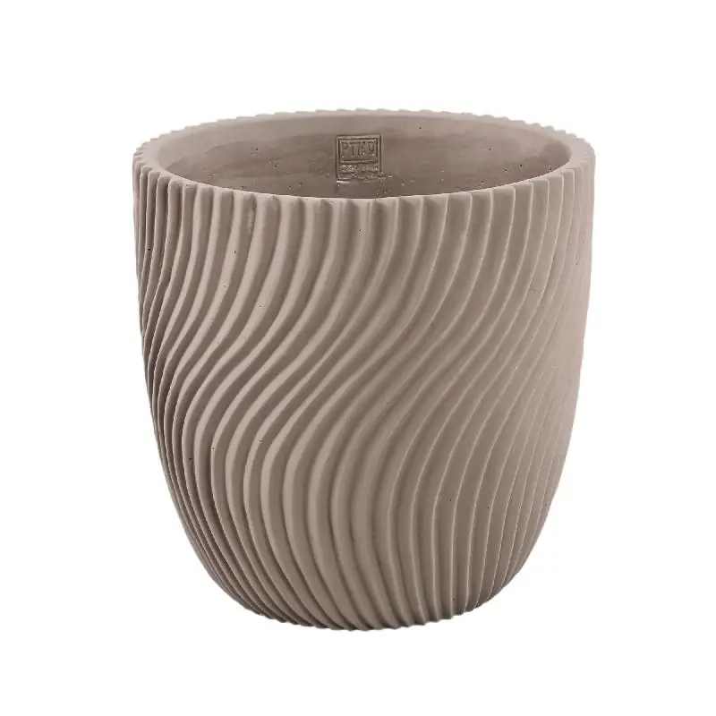 Markenprodukt Blumentopf – Runde Form, Linienmuster Design, Beige Oberfläche, Zement Material, XL – Lianna | PTMD