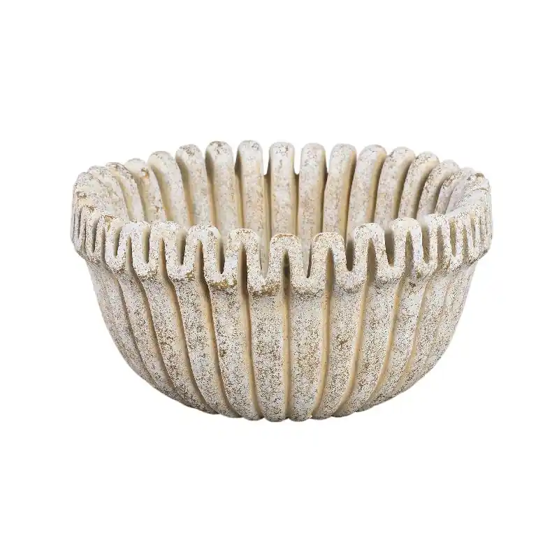 Echt Blumentopf – Creme Farbe, Gerippte Linienstruktur, Zement Material, Niedrige Form, L – Raffay | PTMD
