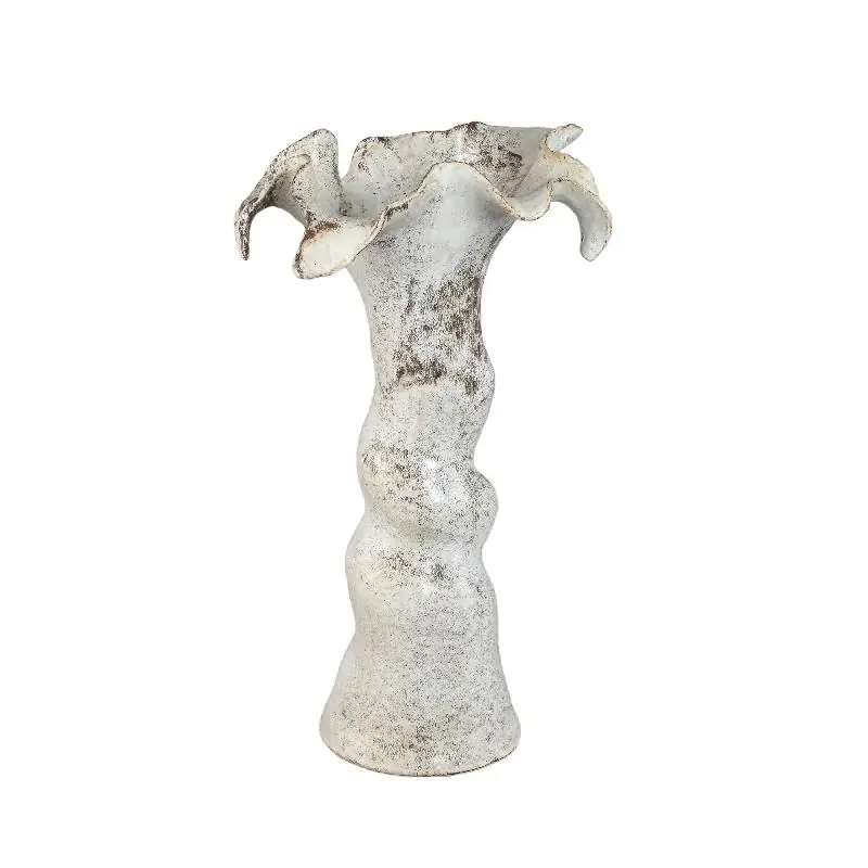 Vase – Keramik Material, Wellenrand Blumen Design, Runde Form, Beige – Isidro | PTMD Expressversand