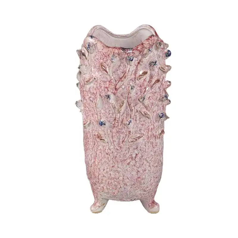 Expressversand Vase – Hellrosa Farbe, Runde Form, Blaues Rosenmotiv, Keramik, L – Laihla | PTMD