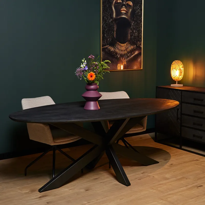 Esszimmertisch - Mangoholz Schwarz, Matrixgestell, Oval Form, 160 cm – New York | Starfurn Billig
