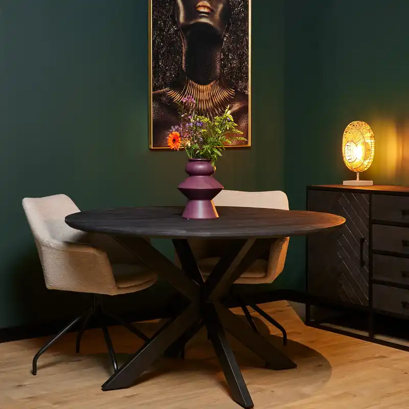 Billig Esszimmertisch - Mangoholz Schwarz, Spinnengestell, Runde Form, 140 cm – New York | Starfurn