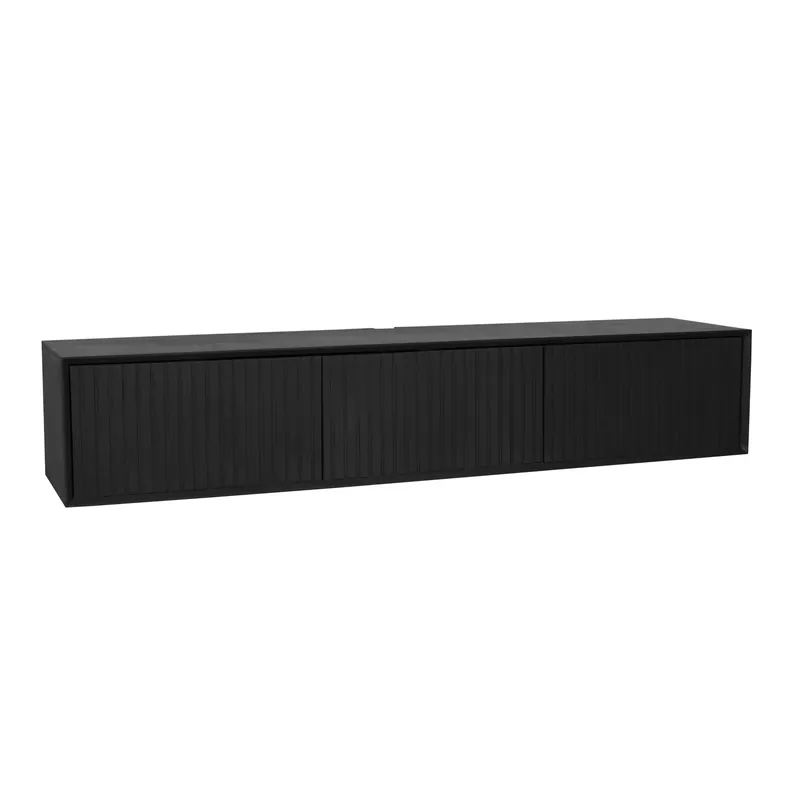 Mega-Angebot Schwebendes TV-Möbel - Schwarzes Mangoholz, Vertikale Lamellenfront, Grifflose Türen, 160 cm – Madison | Starfurn