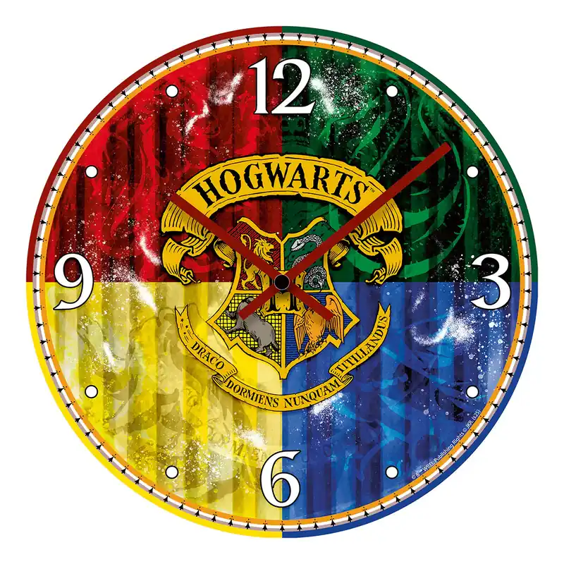 Wanduhr – MDF Oberfläche, Zauberwappen Motiv, Farbblock Design - Hogwarts | Gilde Nur Heute