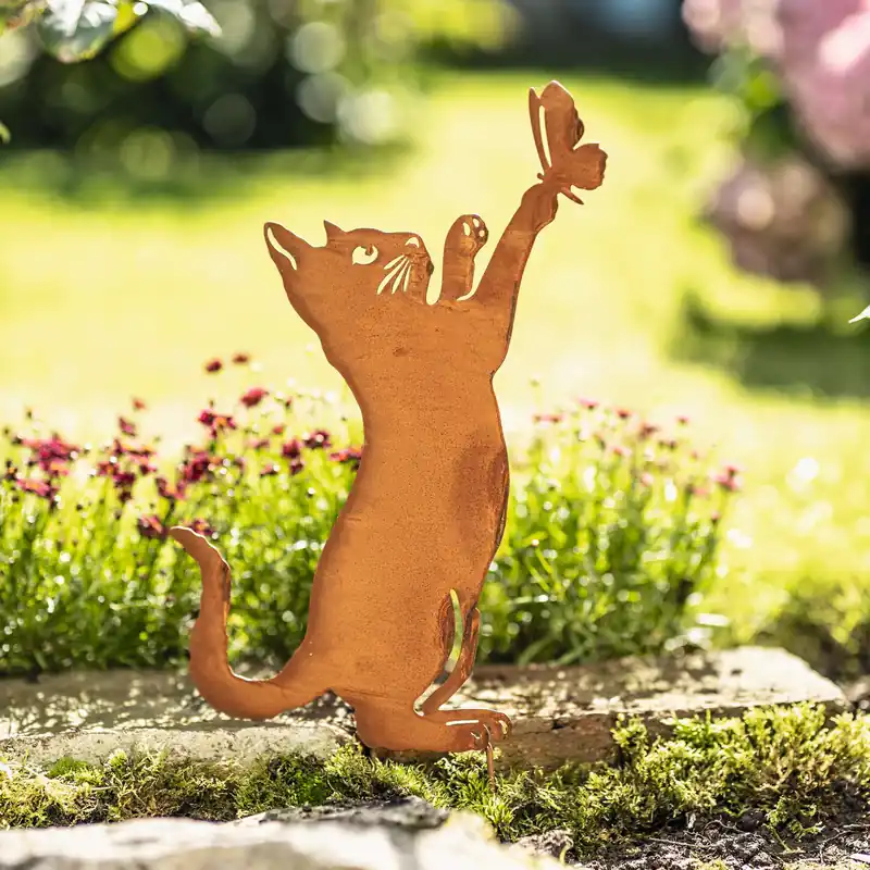 Neue Ware Gartenstecker "Katze mit Schmetterling"