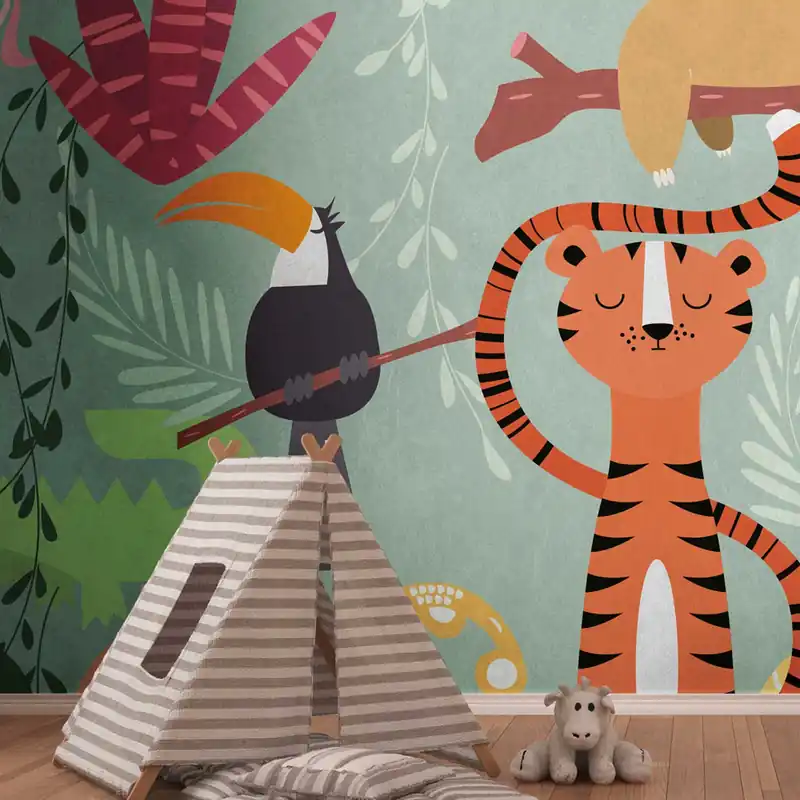 Schnäppchen Tadessi Fototapete Tiere M1-No.10322 Digitaldruck Tapete Bunt - Dschungel Kinderzimmer Tiger Faultier