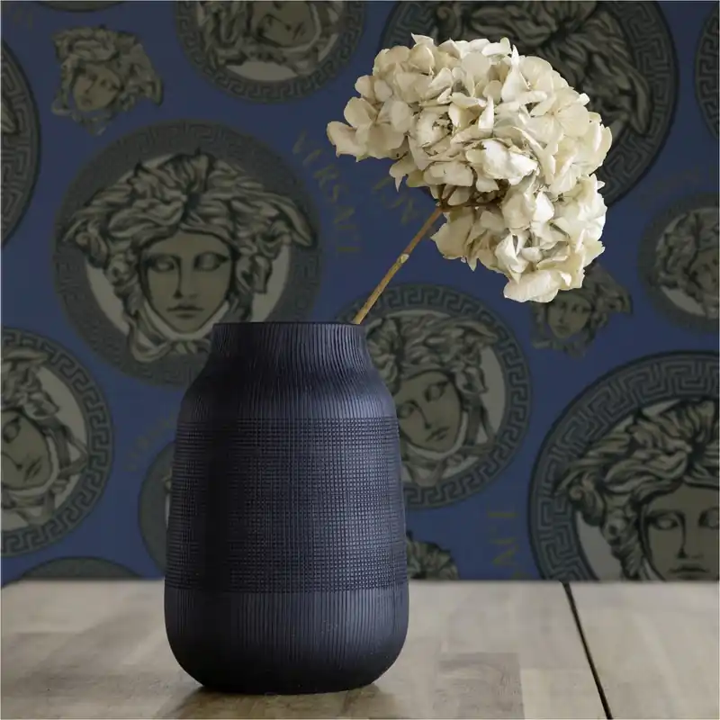 Direkt Vom Hersteller Tapete Versace Luxus-Optik M1-No.11521 | Vliestapete Design | Blau | Beige | Medusa | Schriftzug