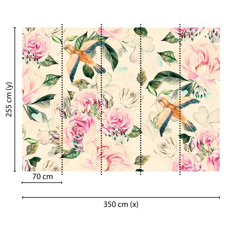 Markenware Tadessi Fototapete Blumen M1-No.60479 Digitaldruck Tapete Creme Rosa - Vögel Rosen