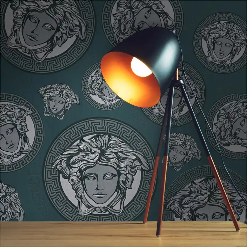 Tapete Versace Luxus-Optik M1-No.11519 | Vliestapete Design | Petrol | Silber | Medusa | Schriftzug Saisonangebot
