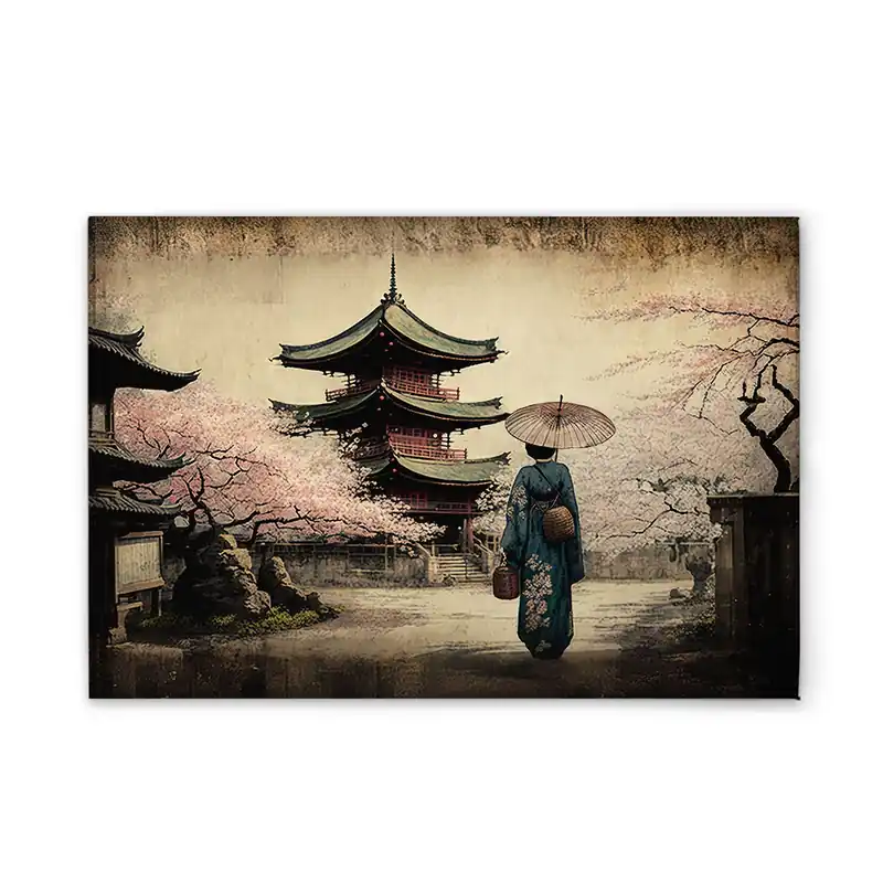 Tadessi Leinwandbild Pogoda Asia Vintage - 120 x 80 cm - M1-No.52058 - Keilrahmen in Beige Blau Must-Have