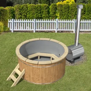 Neue Ware Thermoholz Hot Tub Ø 180 cm mit Edelstahl-Außenofen + PVC-Einsatz + Randbretter / Badebottich / Bad