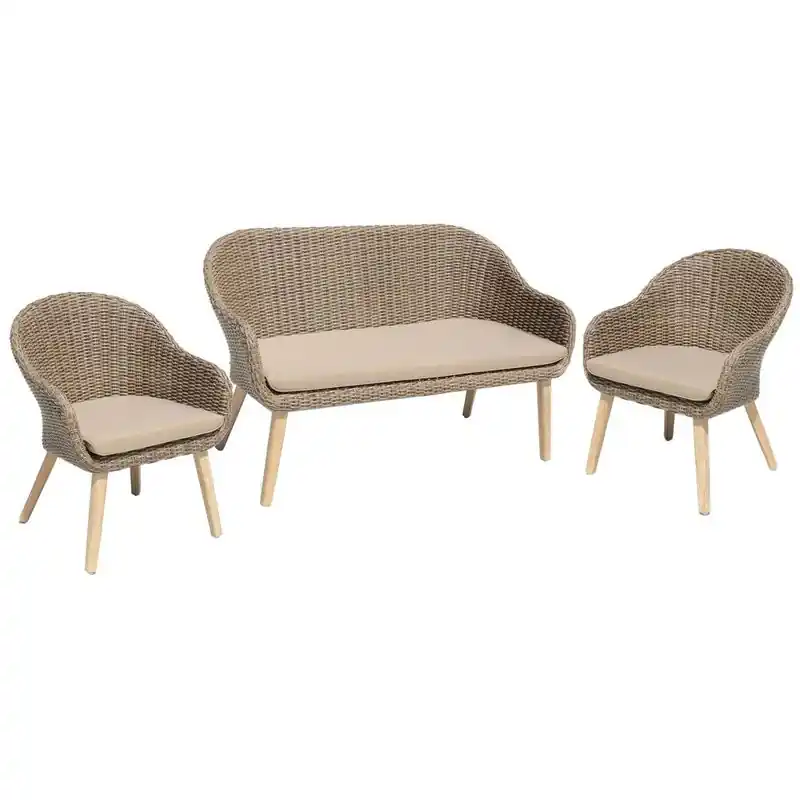 Sofa & Stuhl Set Pueblo, 3-teilig, inklusive Auflage, Kunststoffgeflecht, Akazie Neue Ware