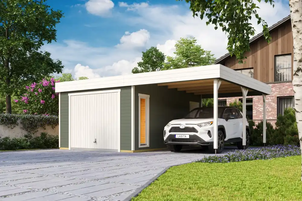 Holzgarage + Carport Bahamas Rabatt
