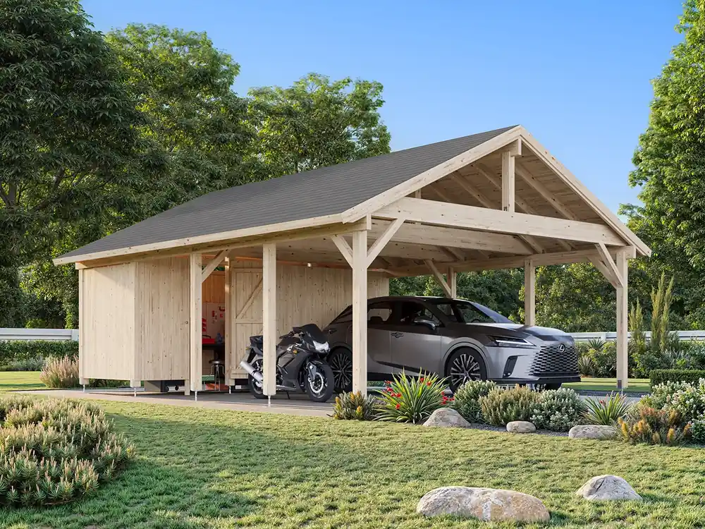 Sichere Zahlung Doppelcarport mit Satteldach Robert 4 / 40,6 m² mit Geräteraum