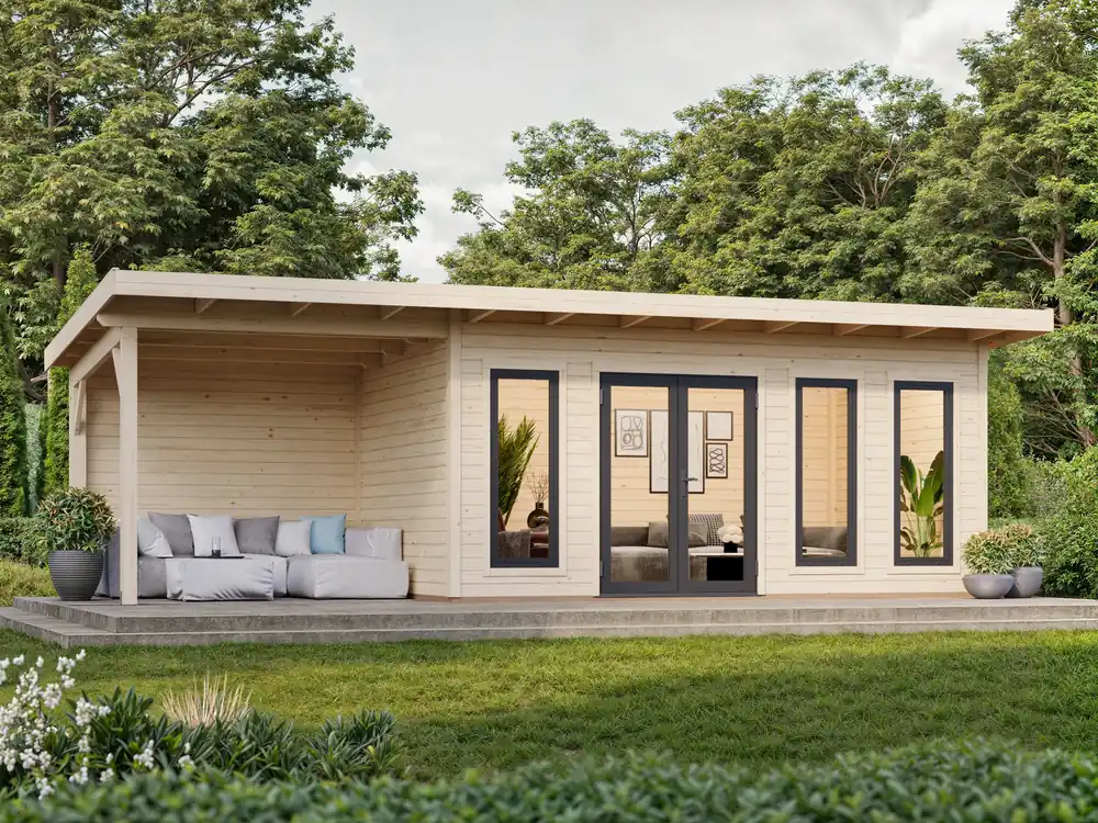 Preiswert Gartenhaus Aurelia 15,2 m² + 7,9 m² ISO - mit Schleppdach